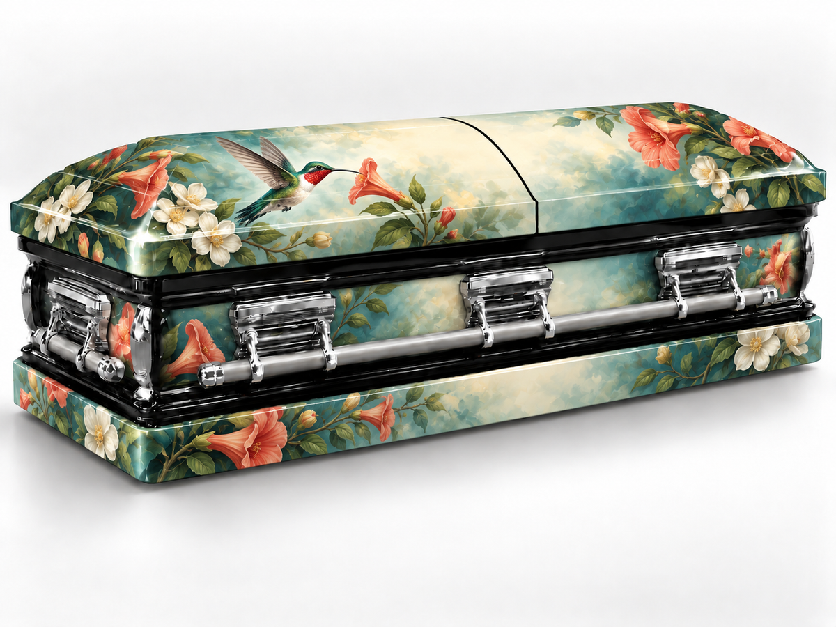 Head-end lid and lower skirt personalization placement guide for Hummingbird Promise — Printed Casket Wrap Kit