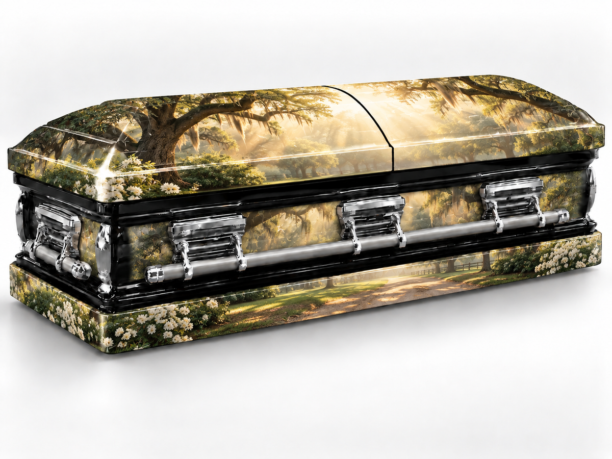 Head-end lid and lower skirt personalization placement guide for Southern Live Oak — Printed Casket Wrap Kit