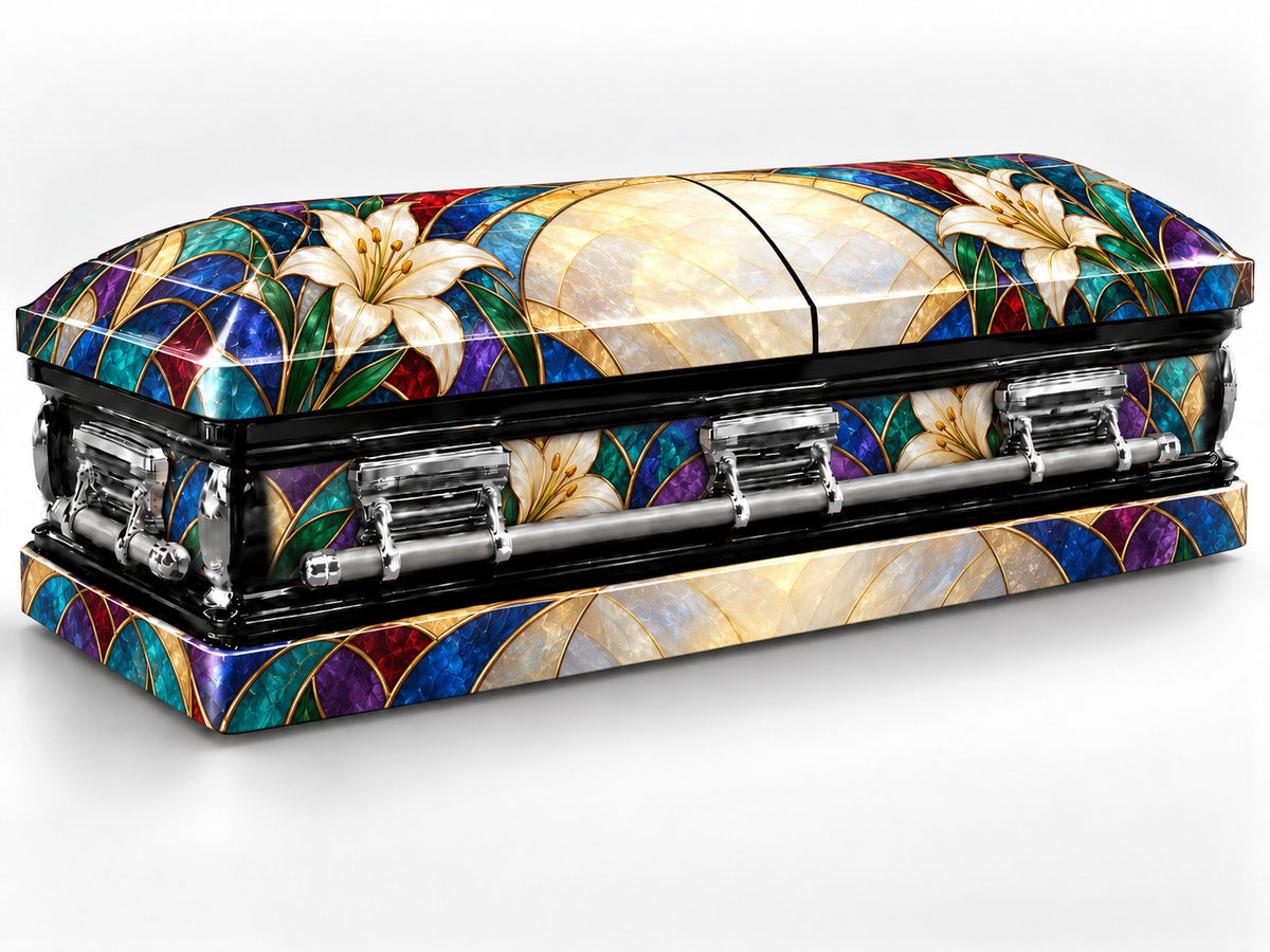 Head-end lid and lower skirt personalization placement guide for Stained Glass Grace — Printed Casket Wrap Kit