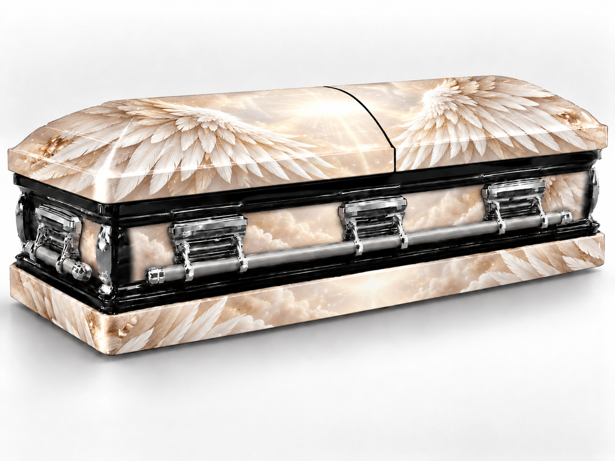 Head-end lid and lower skirt personalization placement guide for Pearl Angel Wings — Printed Casket Wrap Kit