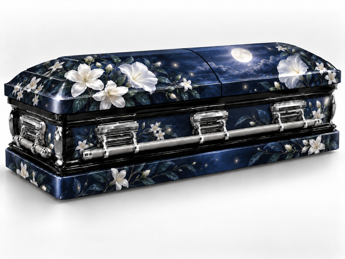 Head-end lid and lower skirt personalization placement guide for Moonlit Jasmine — Printed Casket Wrap Kit
