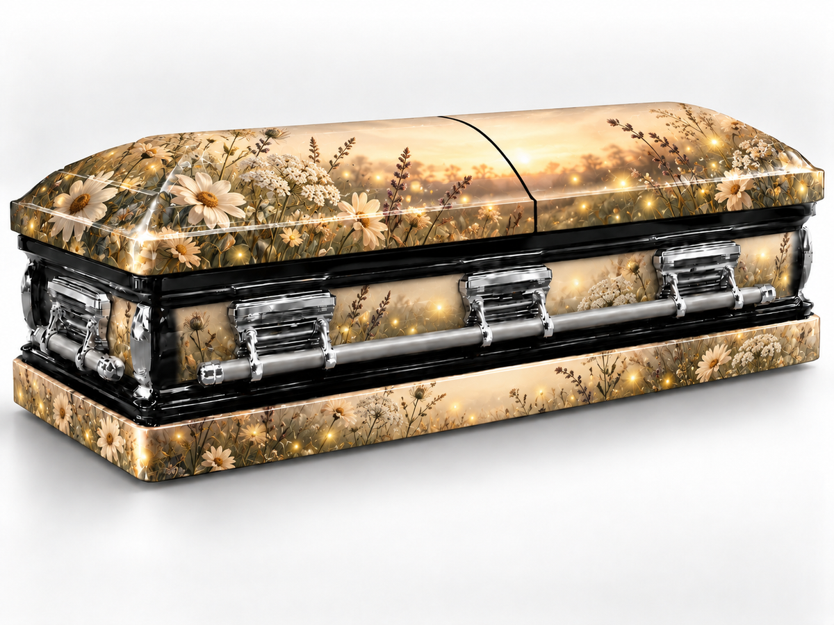 Firefly Meadow printed casket wrap — front-left product render