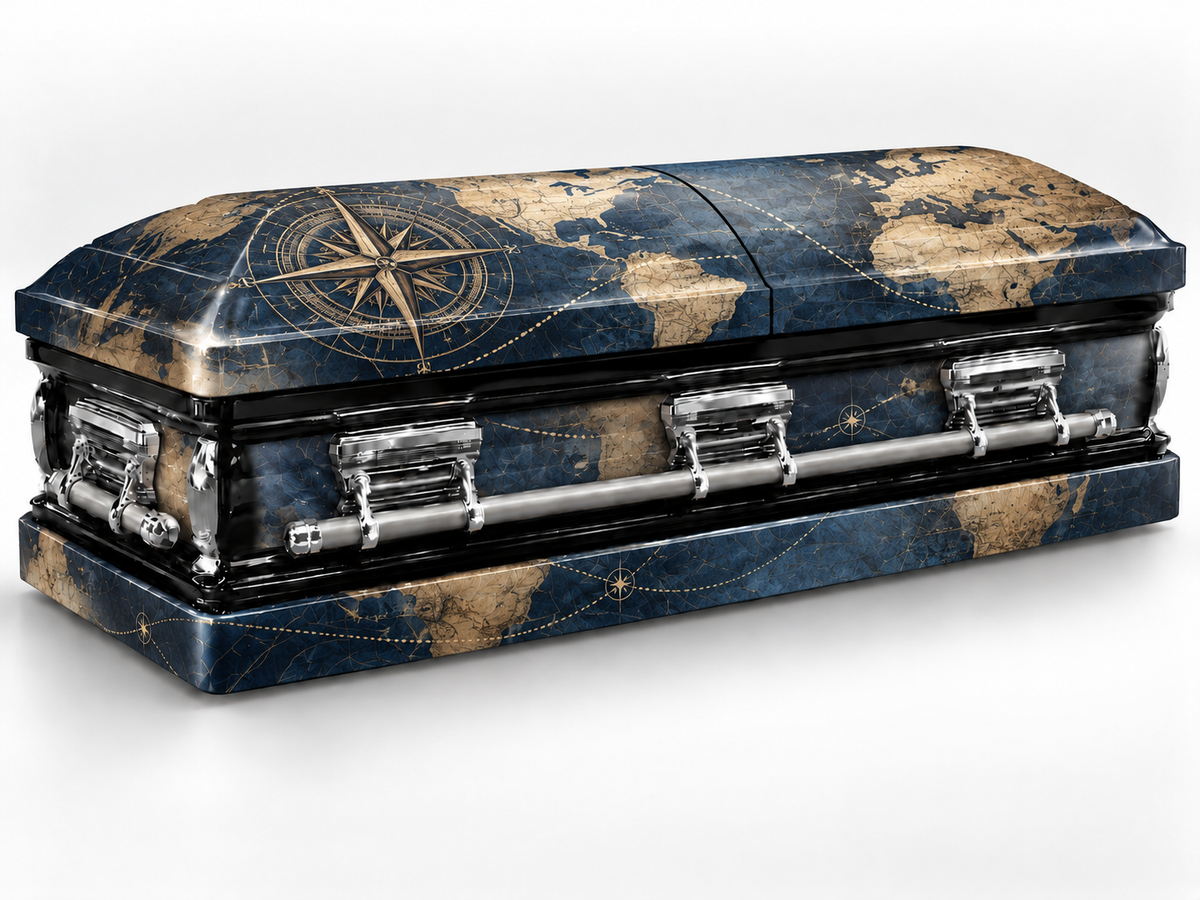 Head-end lid and lower skirt personalization placement guide for Traveler’s Compass — Printed Casket Wrap Kit