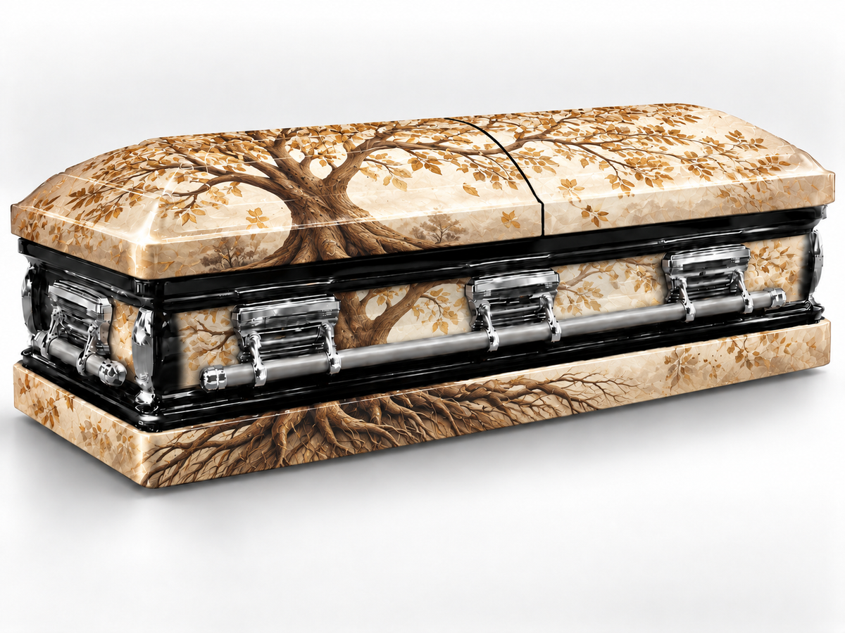 Heirloom Family Tree printed casket wrap — front-left product render