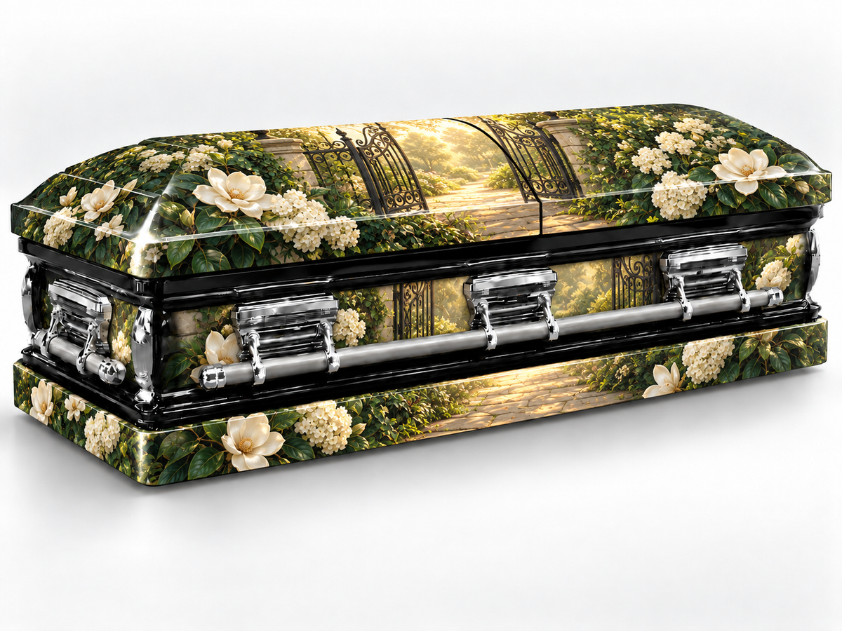 Garden Gate Homecoming printed casket wrap — front-left product render