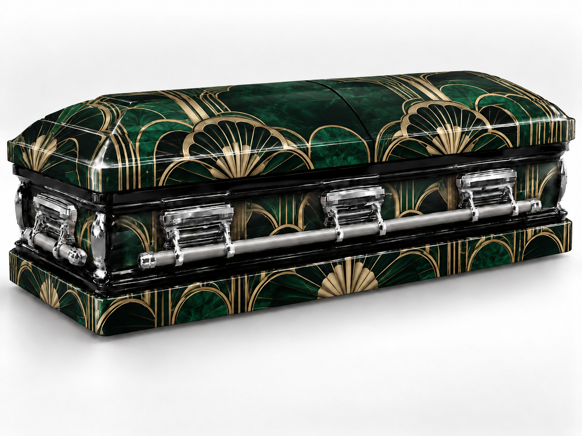 Head-end lid and lower skirt personalization placement guide for Art Deco Legacy — Printed Casket Wrap Kit