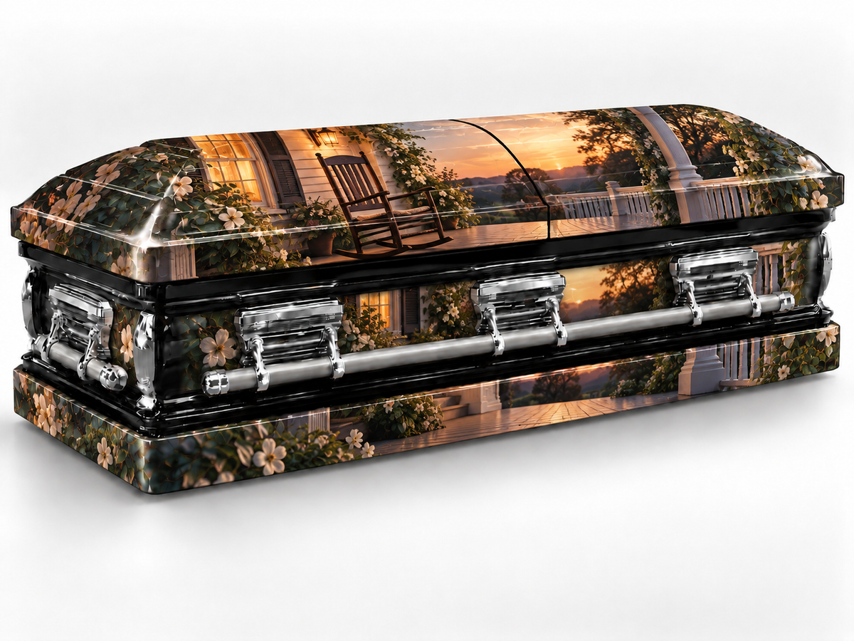 Head-end lid and lower skirt personalization placement guide for Front Porch Memories — Printed Casket Wrap Kit