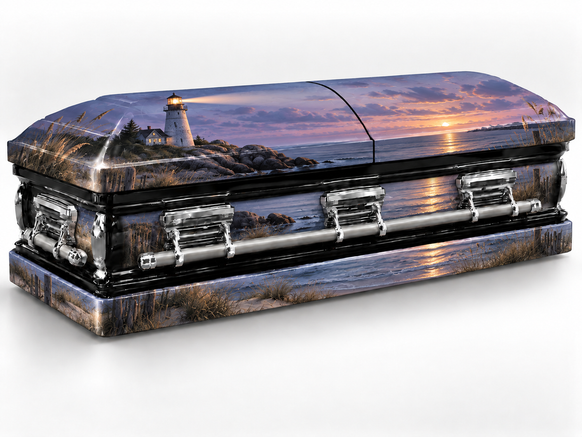 Coastal Lighthouse Home printed casket wrap — front-left product render