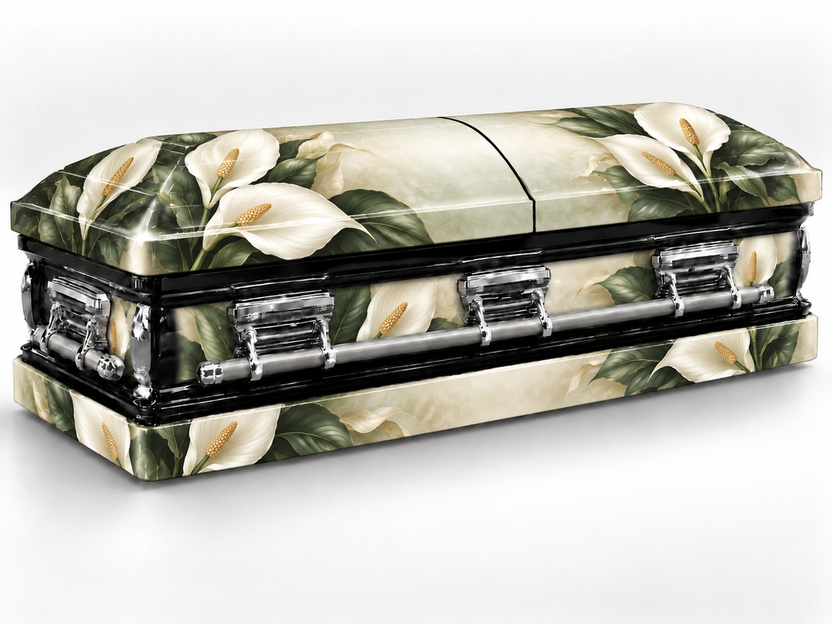 Peace Lily Serenity printed casket wrap — front-left product render