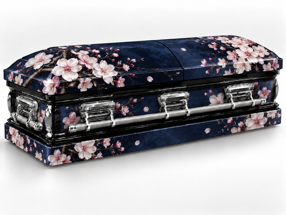 Head-end lid and lower skirt personalization placement guide for Midnight Cherry Blossom — Printed Casket Wrap Kit