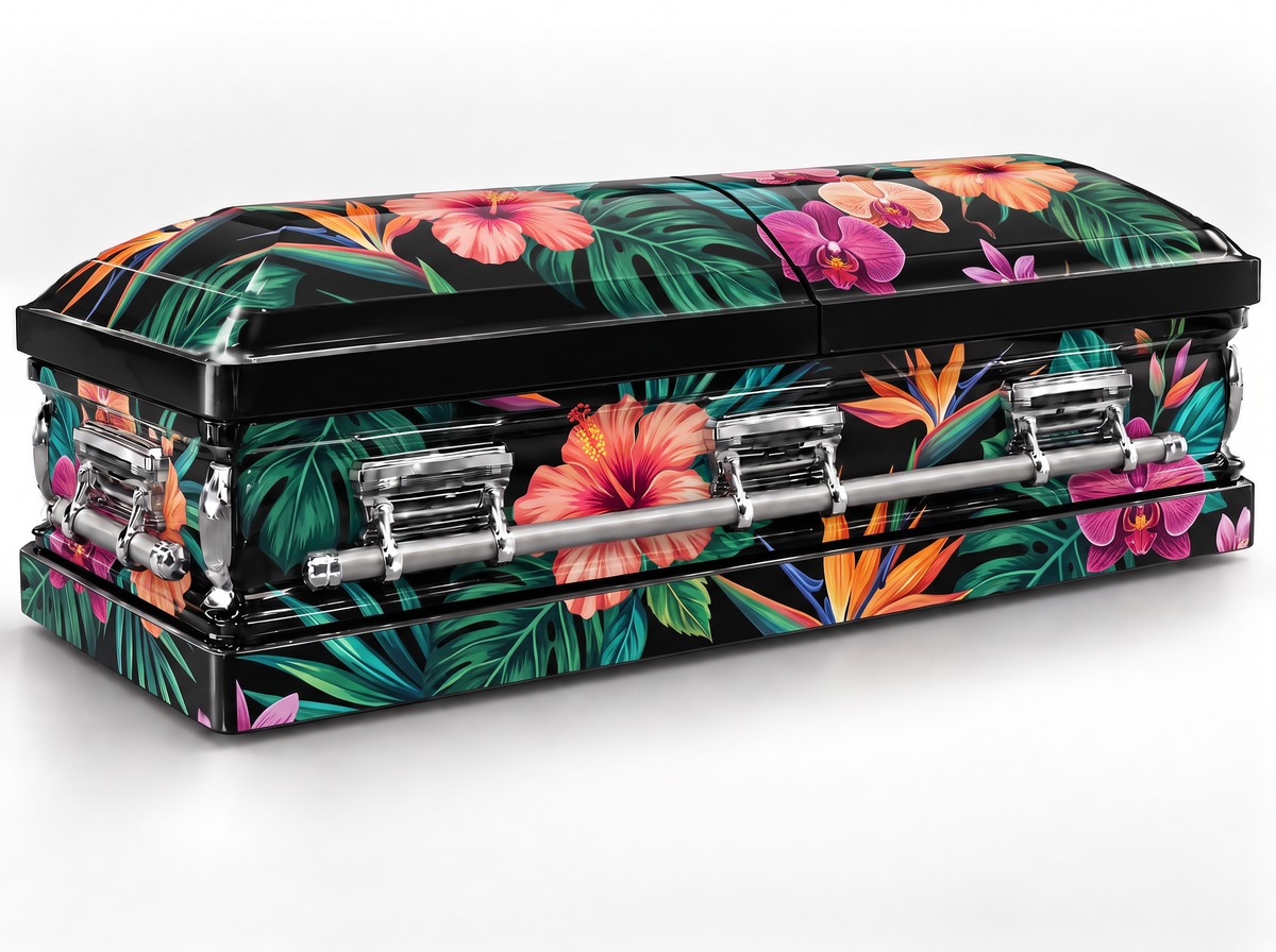 Vibrant Tropical Floral printed casket wrap kit on the In Memory master casket
