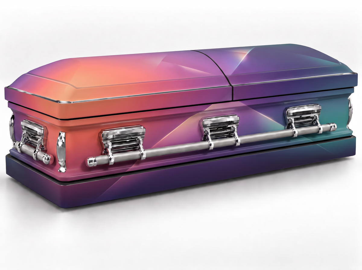 Sunset Prism Gradient printed casket wrap kit on the In Memory master casket