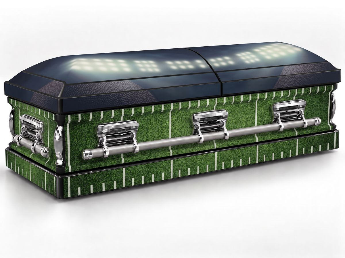Stadium Football printed casket wrap kit on the In Memory master casket