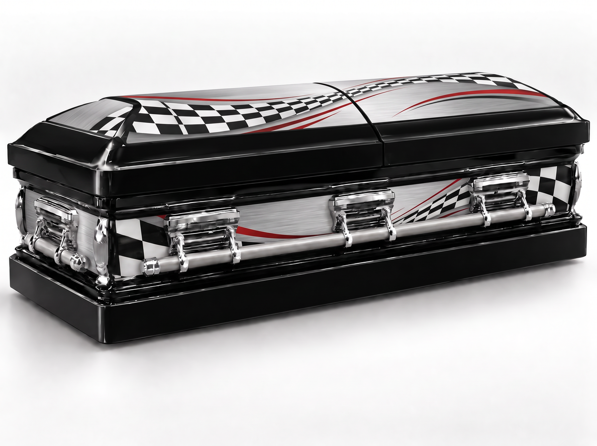 Racing Checkered Flag printed casket wrap kit on the In Memory master casket