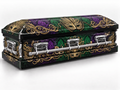 Mardi Gras Masquerade printed casket wrap kit on the In Memory master casket
