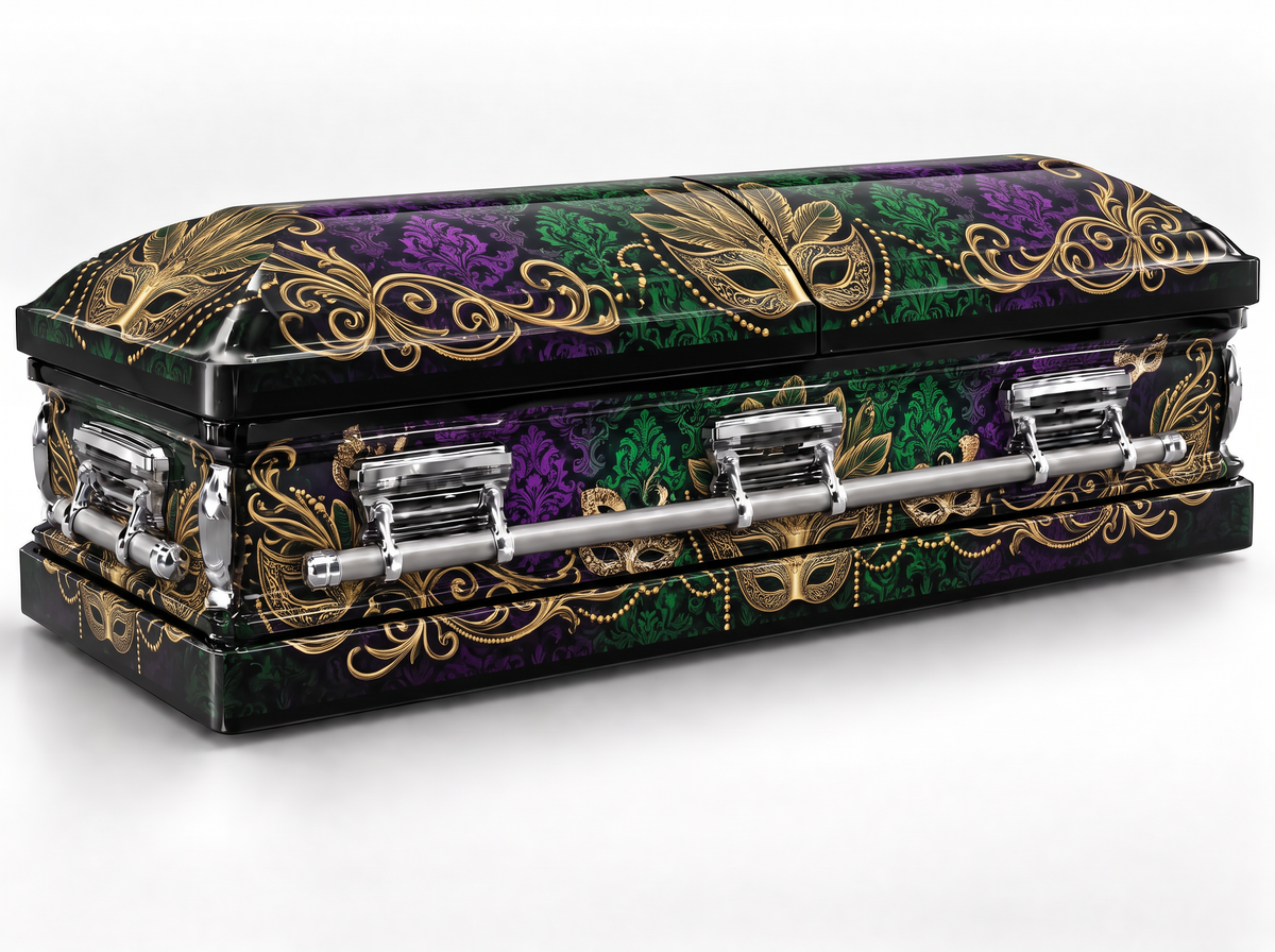 Mardi Gras Masquerade printed casket wrap kit on the In Memory master casket