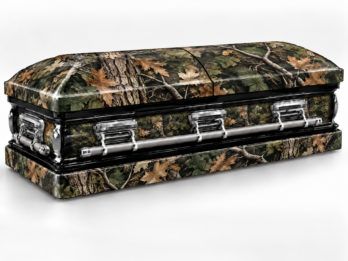 Woodland Camouflage printed casket wrap kit on the In Memory master casket