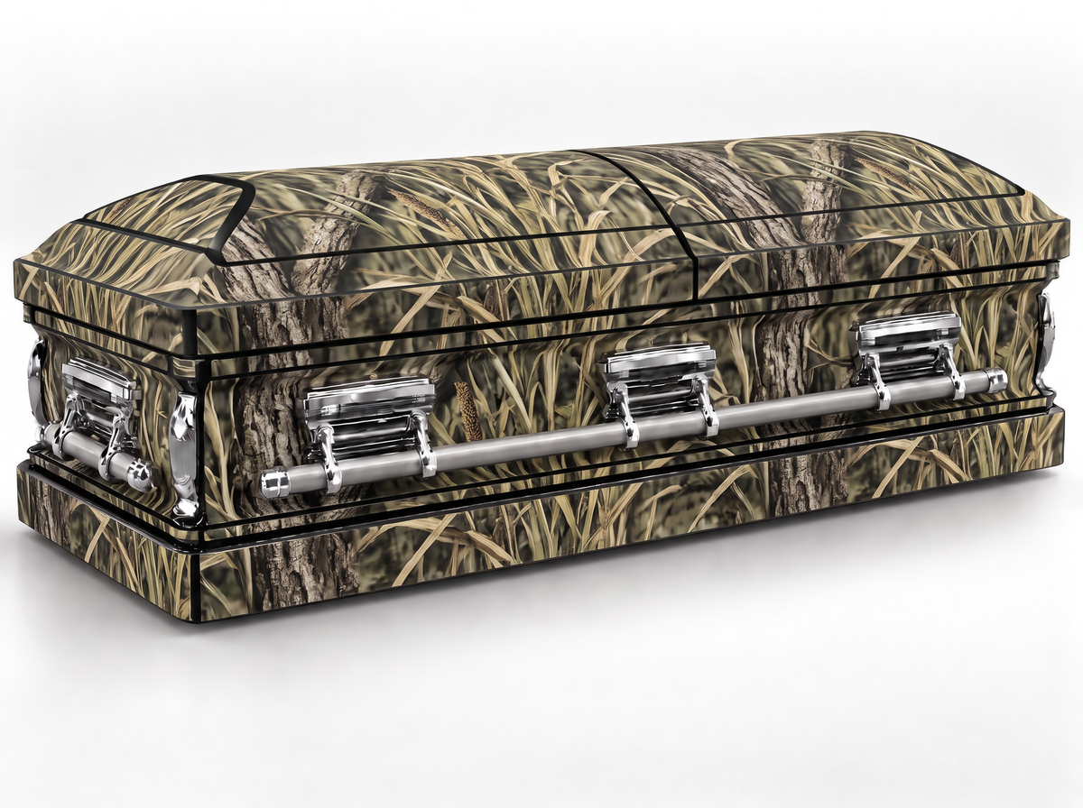 Marshland Camouflage printed casket wrap kit on the In Memory master casket