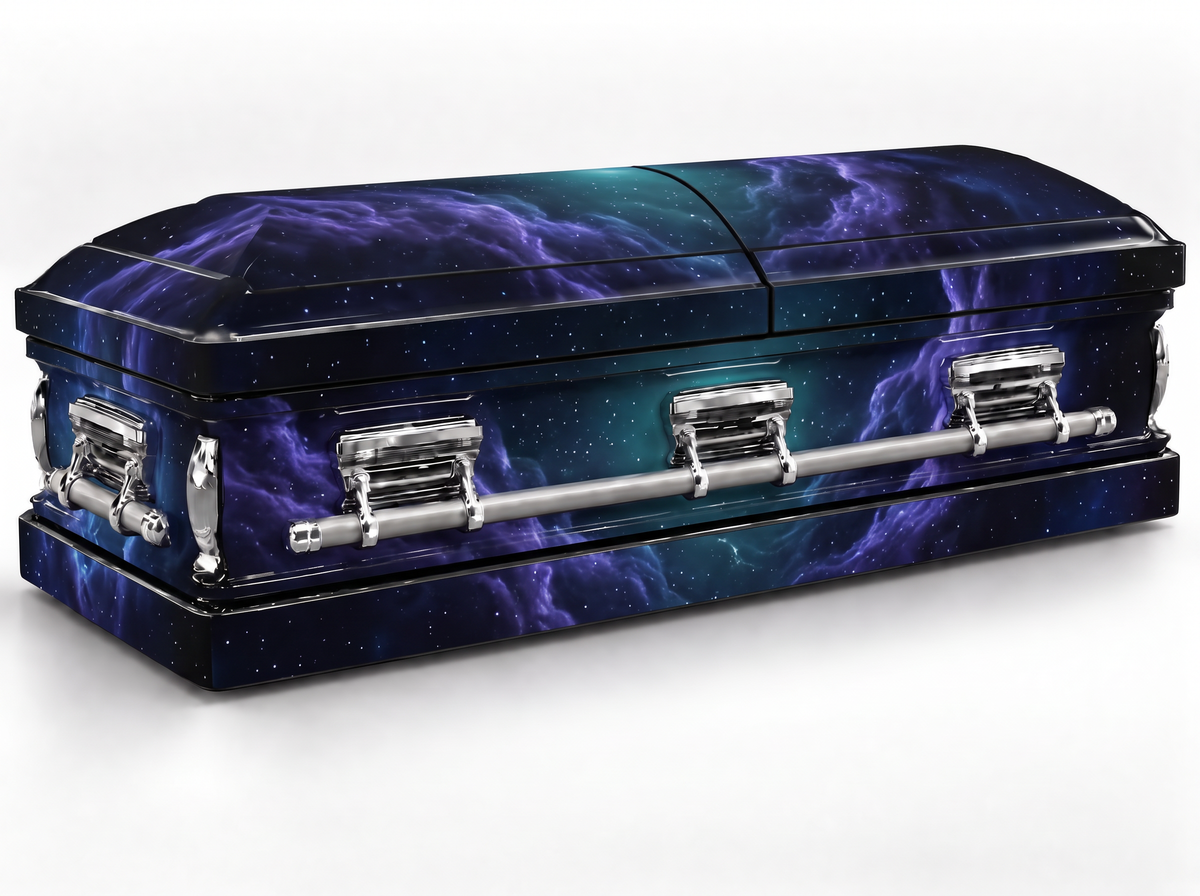 Celestial Nebula printed casket wrap kit on the In Memory master casket