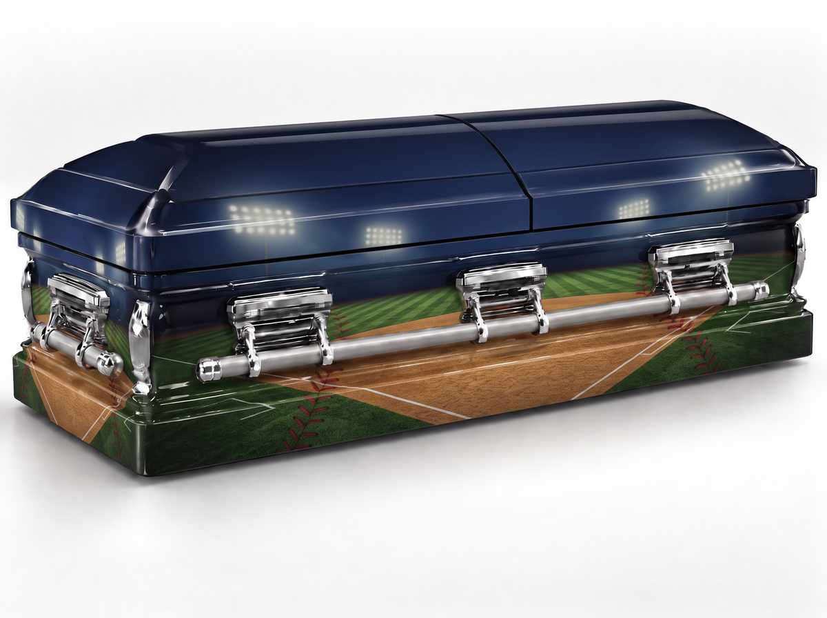 Baseball Stadium printed casket wrap kit on the In Memory master casket