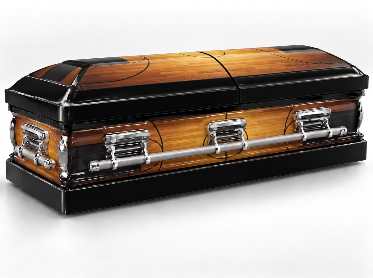 Hardwood Arena printed casket wrap kit on the In Memory master casket