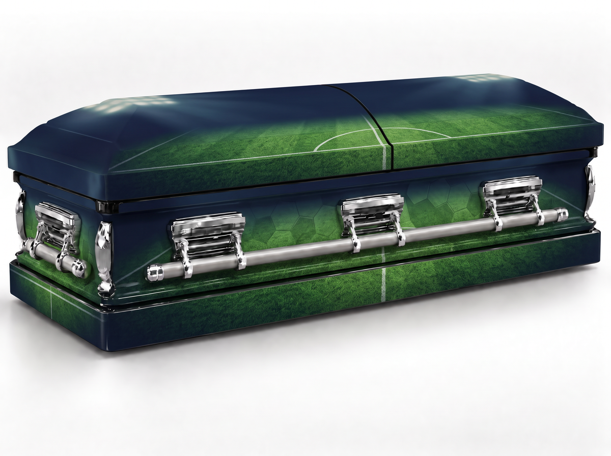 Soccer Stadium printed casket wrap kit on the In Memory master casket