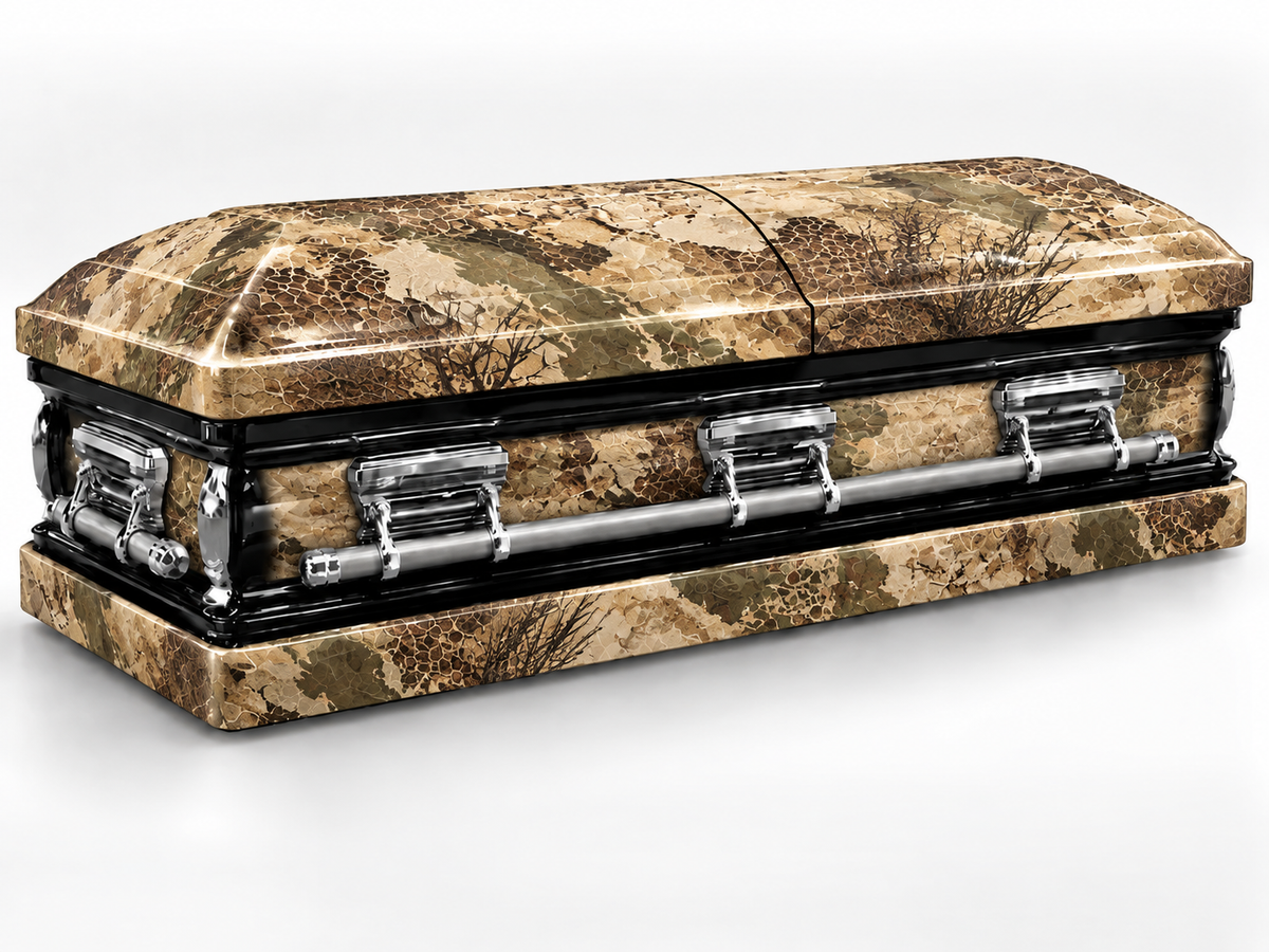Desert Camouflage printed casket wrap kit on the In Memory master casket