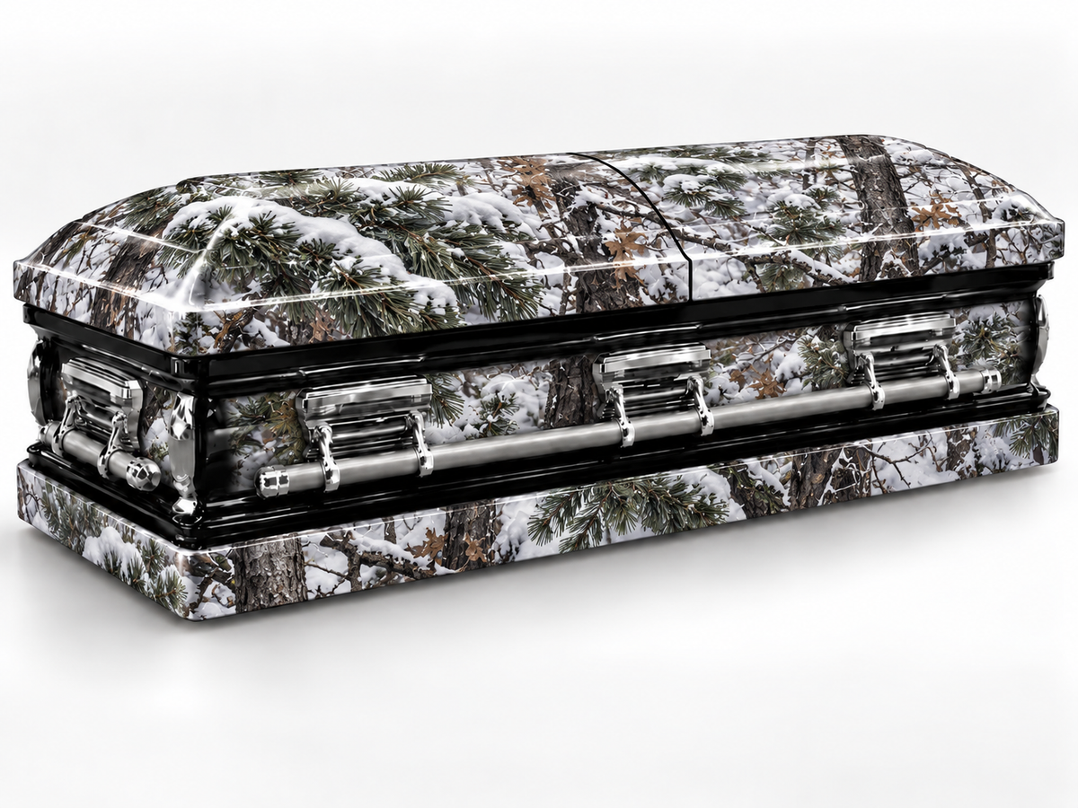 Snow Camouflage printed casket wrap kit on the In Memory master casket