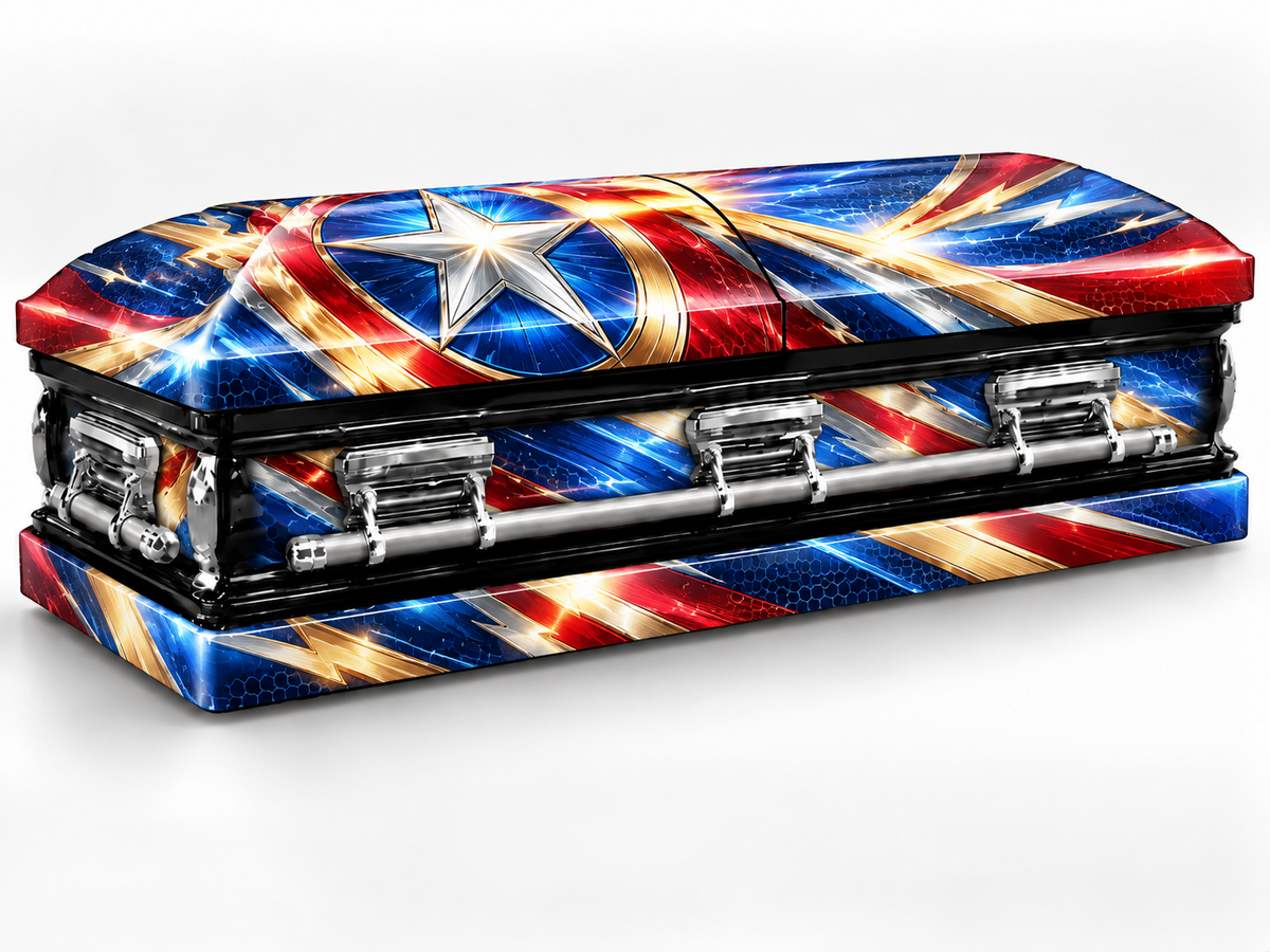 Heroic Starburst printed casket wrap kit on the In Memory master casket