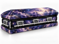 Celestial Galaxy printed casket wrap kit digital studio rendering with chrome handles; casket and installation not included.
