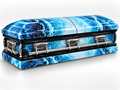 Blue Abstract casket wrap kit uniform studio rendering with chrome handles; casket and installation not included.