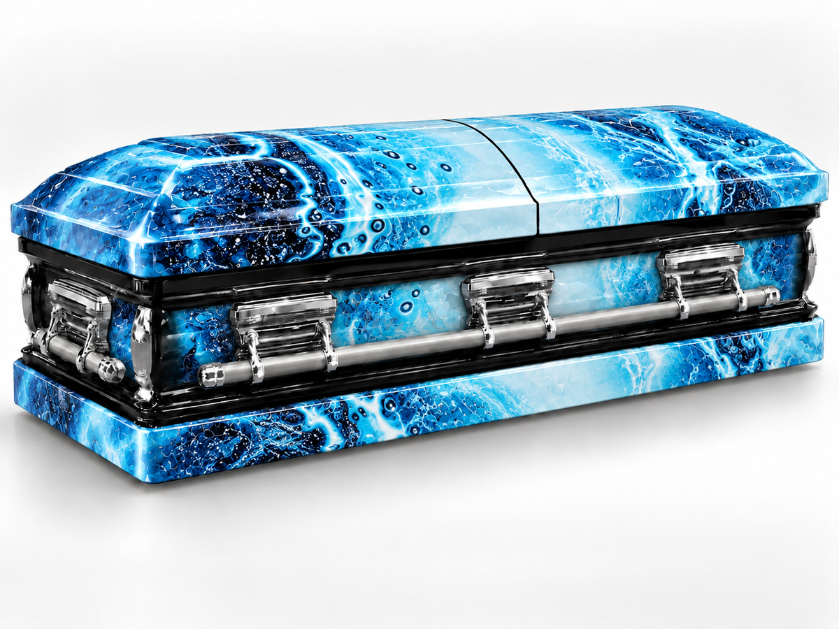 Blue Abstract casket wrap kit uniform studio rendering with chrome handles; casket and installation not included.