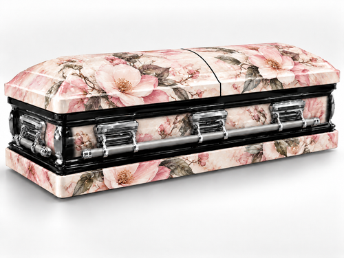 Blush Botanical casket wrap kit uniform studio rendering with chrome handles; casket and installation not included.
