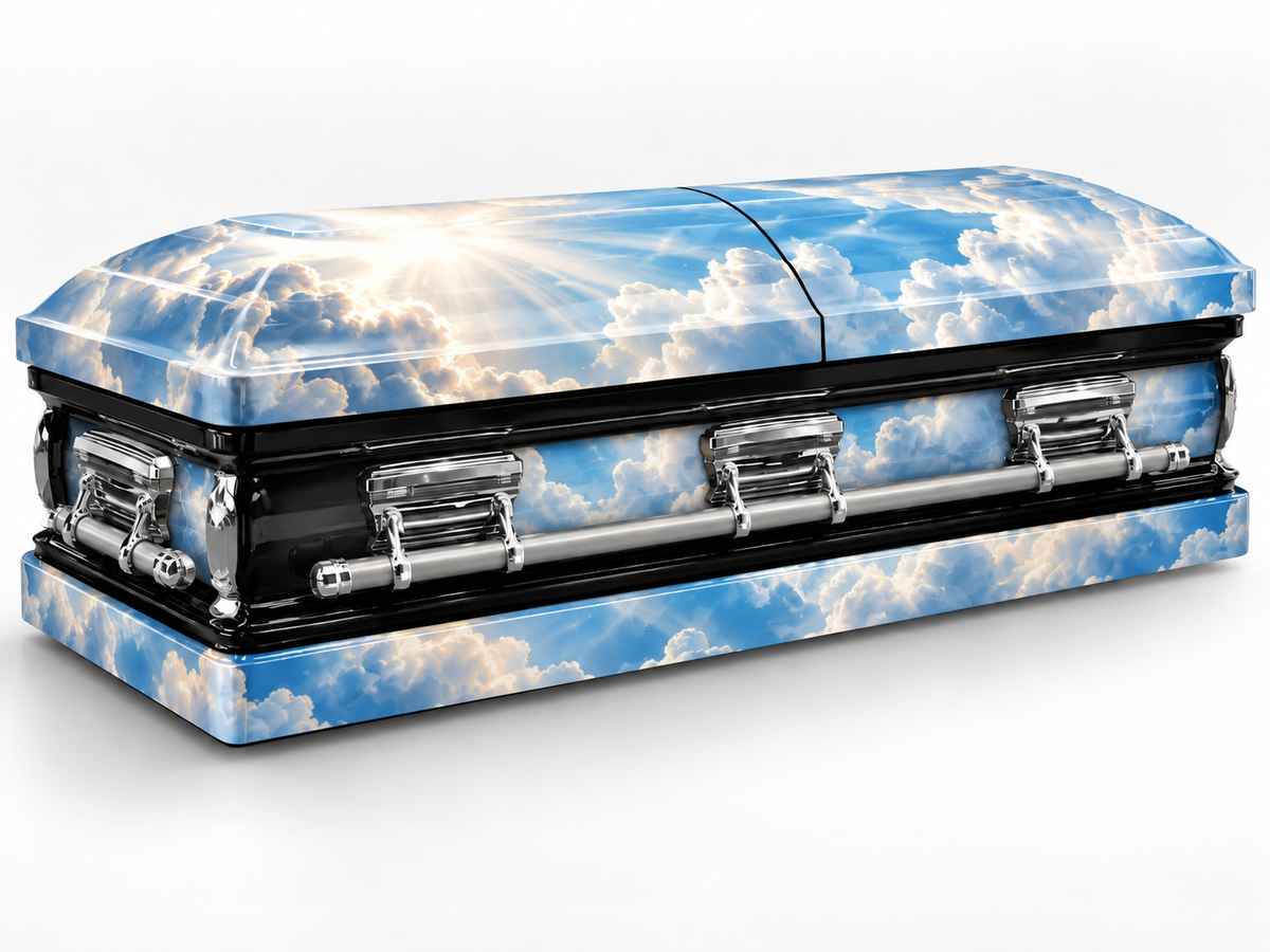 Celestial Clouds printed casket wrap kit digital studio rendering with chrome handles; casket and installation not included.