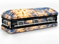 Heaven's Light Cross printed casket wrap kit digital studio rendering with chrome handles; casket and installation not included.