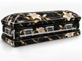 Black Marble Lily printed wrap kit — digital casket rendering with visible chrome handles; casket and installation not included.