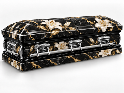Black Marble Lily printed wrap kit — digital casket rendering with visible chrome handles; casket and installation not included.