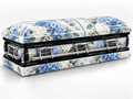 Blue Hydrangea printed wrap kit — digital casket rendering with visible chrome handles; casket and installation not included.