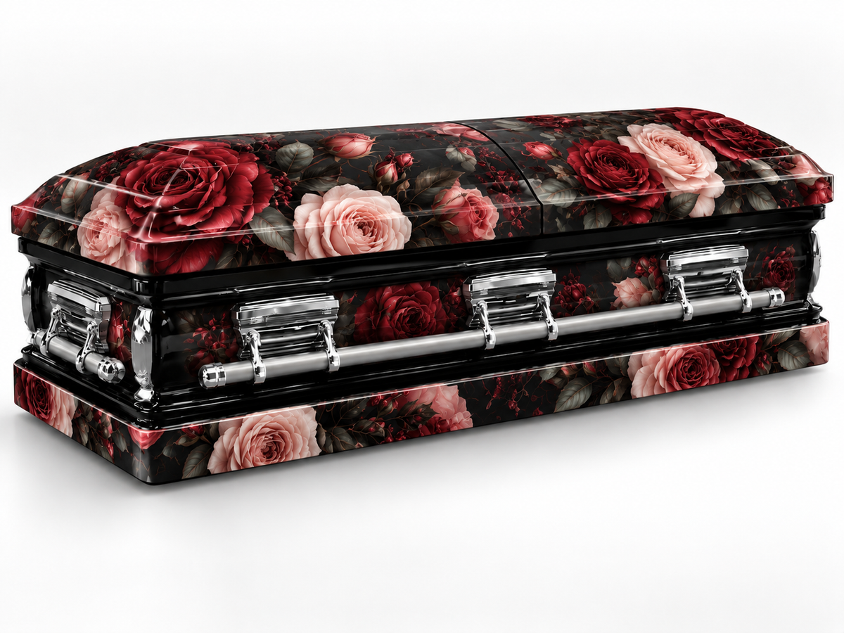 Gothic Rose printed casket wrap kit digital studio rendering with chrome handles; casket and installation not included.