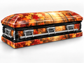Autumn Forest printed wrap kit — digital casket rendering with visible chrome handles; casket and installation not included.