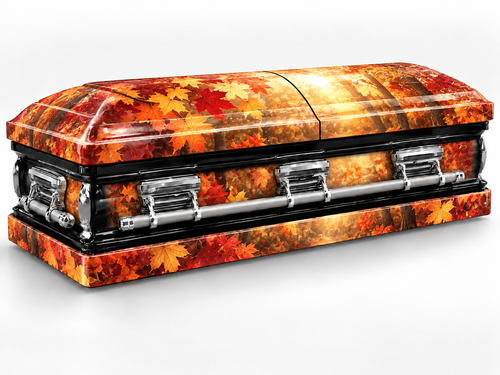 Autumn Forest printed wrap kit — digital casket rendering with visible chrome handles; casket and installation not included.