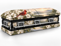 Cardinal Dogwood printed wrap kit — digital casket rendering with visible chrome handles; casket and installation not included.