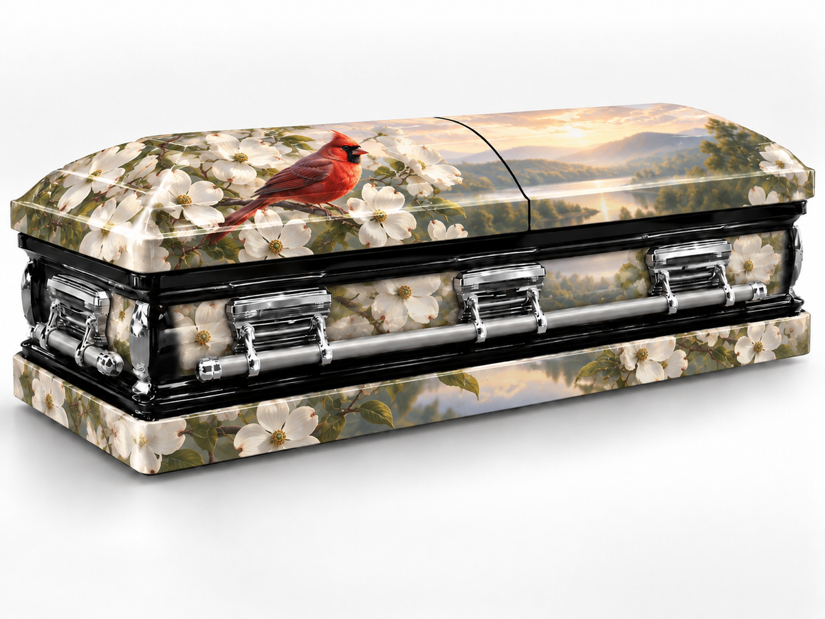 Cardinal Dogwood printed wrap kit — digital casket rendering with visible chrome handles; casket and installation not included.