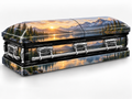 Mountain Lake Sunrise printed wrap kit — digital casket rendering with visible chrome handles; casket and installation not included.
