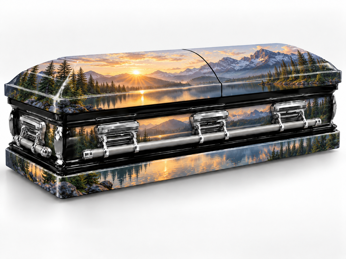 Mountain Lake Sunrise printed wrap kit — digital casket rendering with visible chrome handles; casket and installation not included.