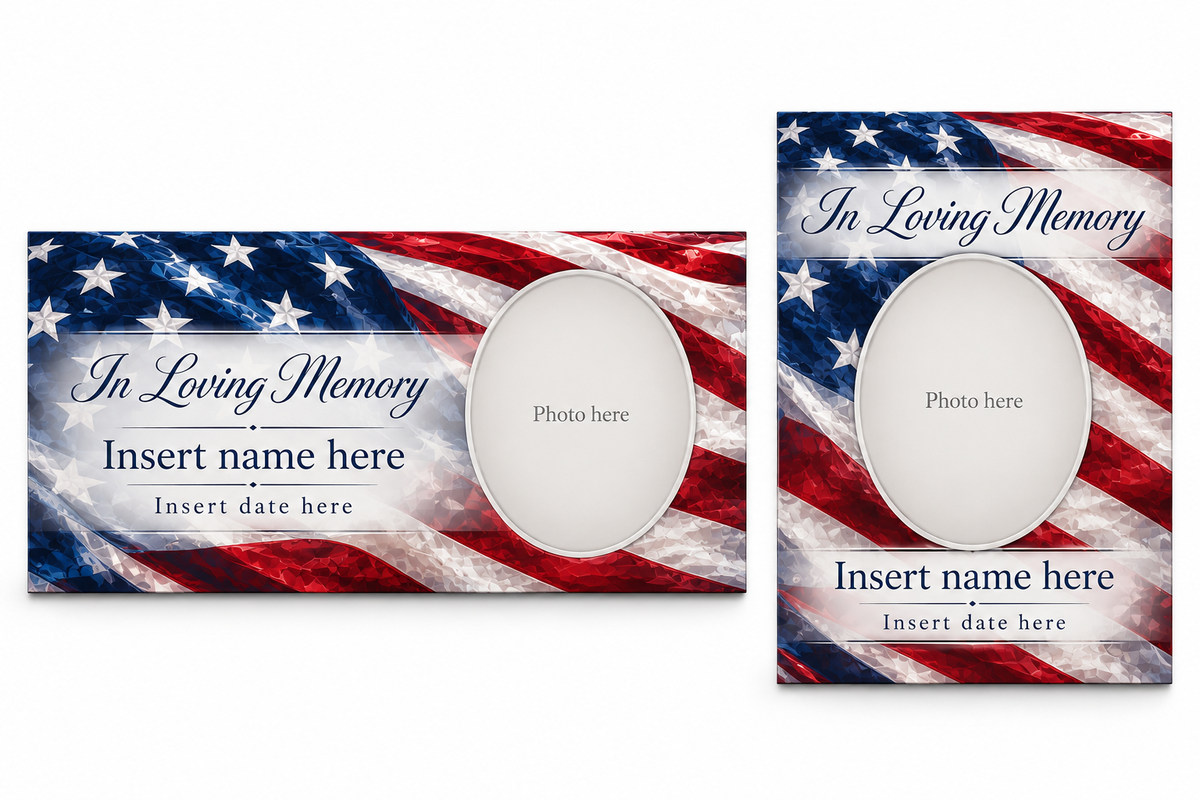 American Flag Honor matching lid panel and portrait board template previews with placeholder photo, name, and dates.