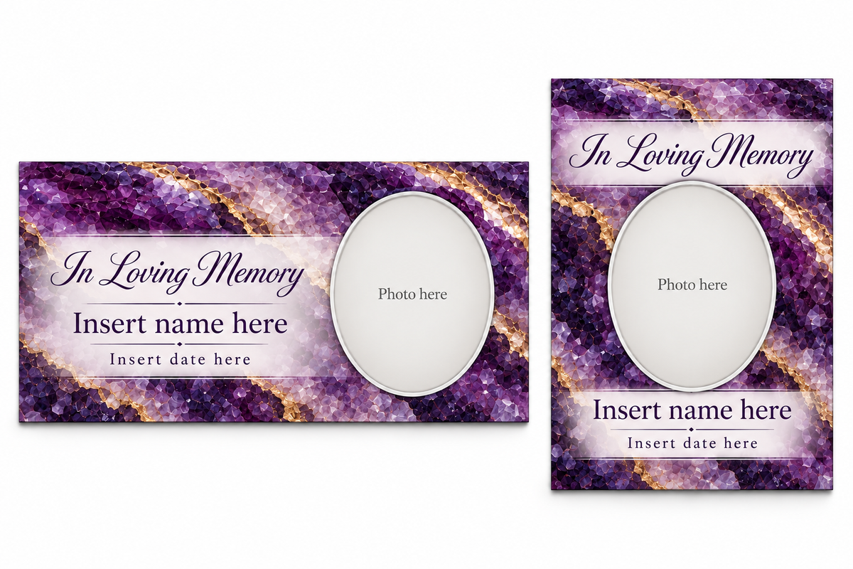 Amethyst Geode matching lid panel and portrait board template previews with placeholder photo, name, and dates.