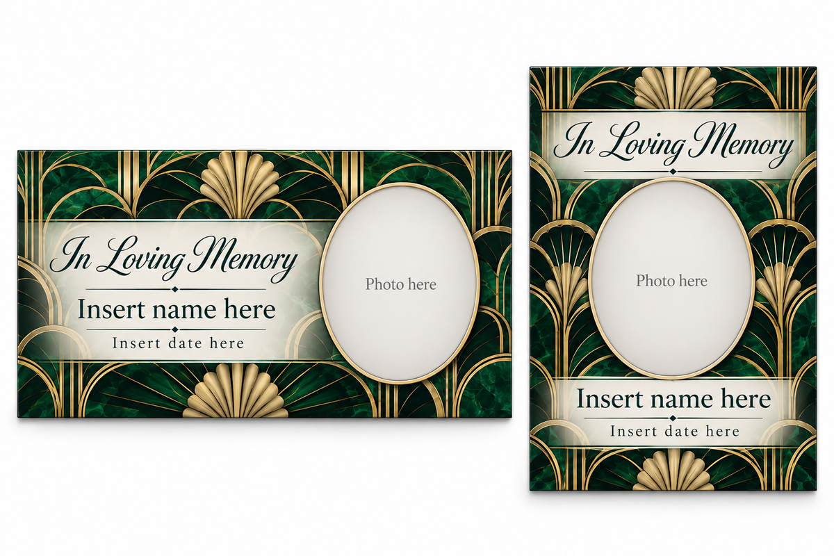 Art Deco Legacy matching lid panel and portrait board template previews with placeholder photo, name, and dates.