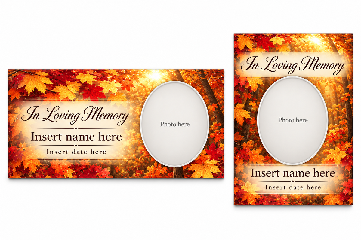 Autumn Forest matching lid panel and portrait board template previews with placeholder photo, name, and dates.