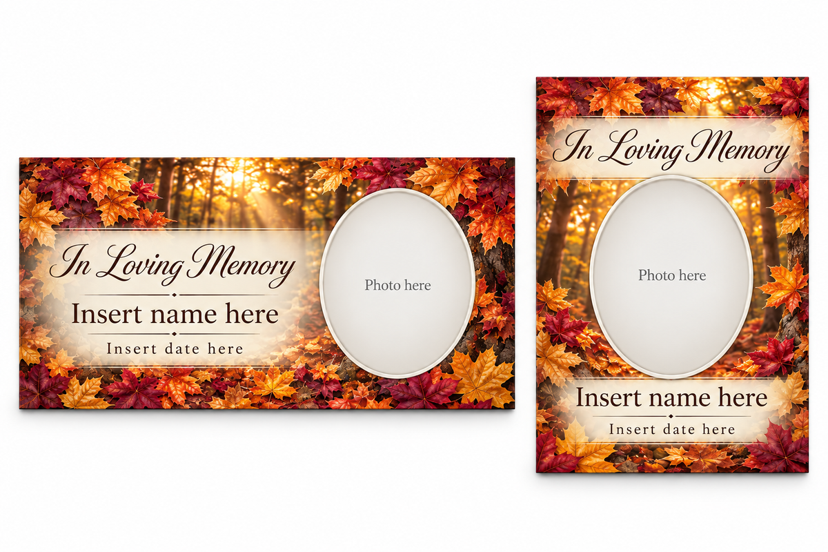 Autumn Maple matching lid panel and portrait board template previews with placeholder photo, name, and dates.